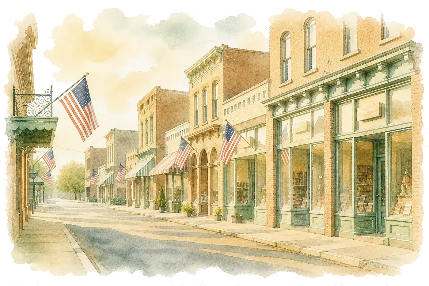 Watercolor illustration of an American-flag-lined main street with historic storefronts