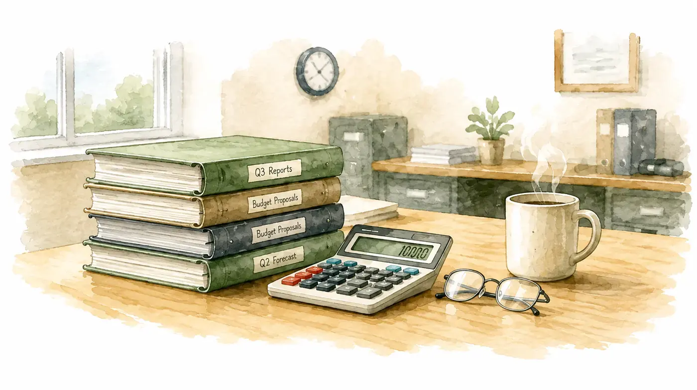 Watercolor illustration of municipal finance reports, a calculator, reading glasses, and a coffee mug on an office desk