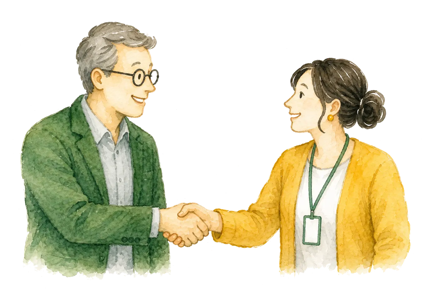 Watercolor illustration of a man in a green jacket and a woman in an amber cardigan shaking hands