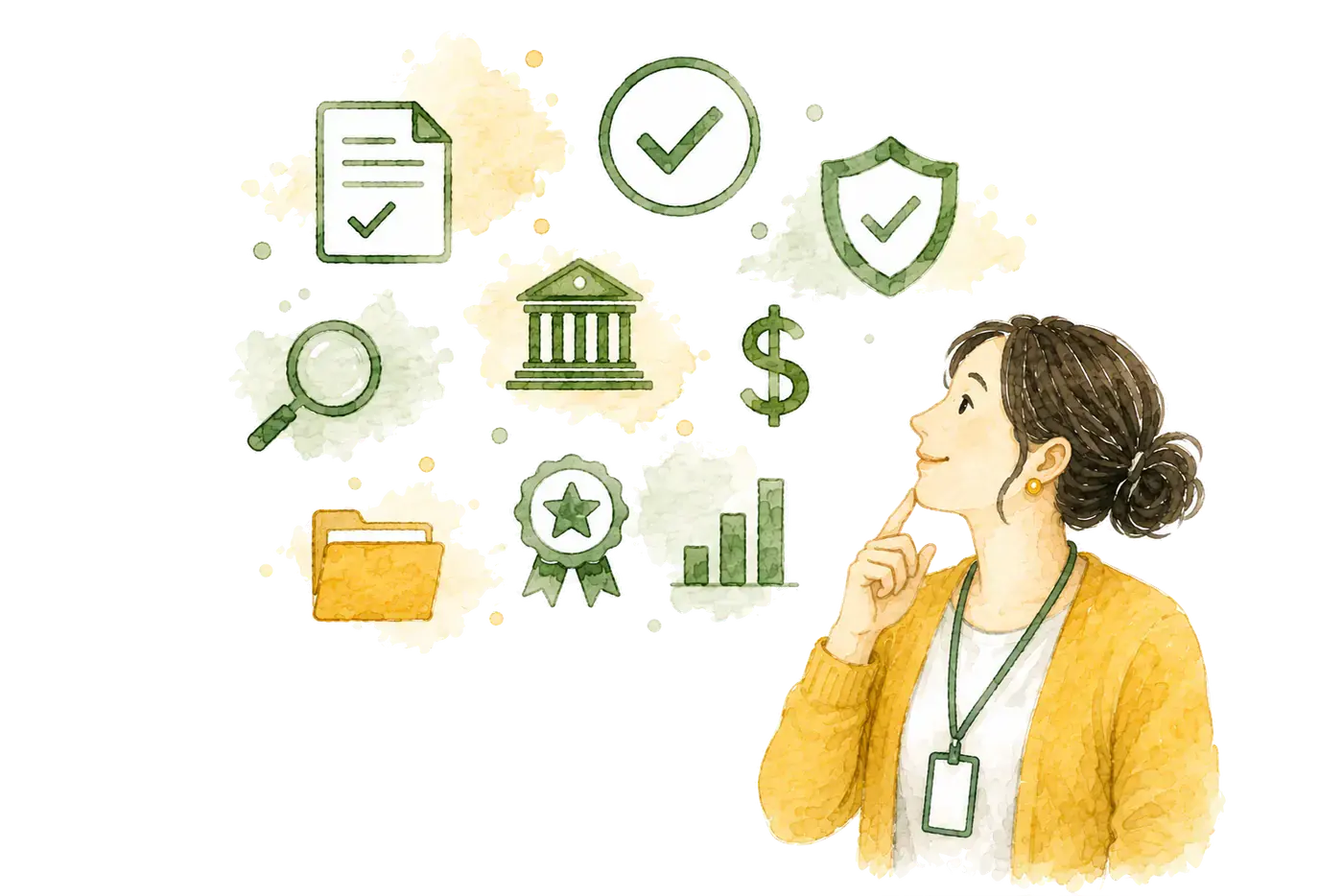 Watercolor illustration of a woman looking at symbols for records, verification, a public building, funds, and safeguards
