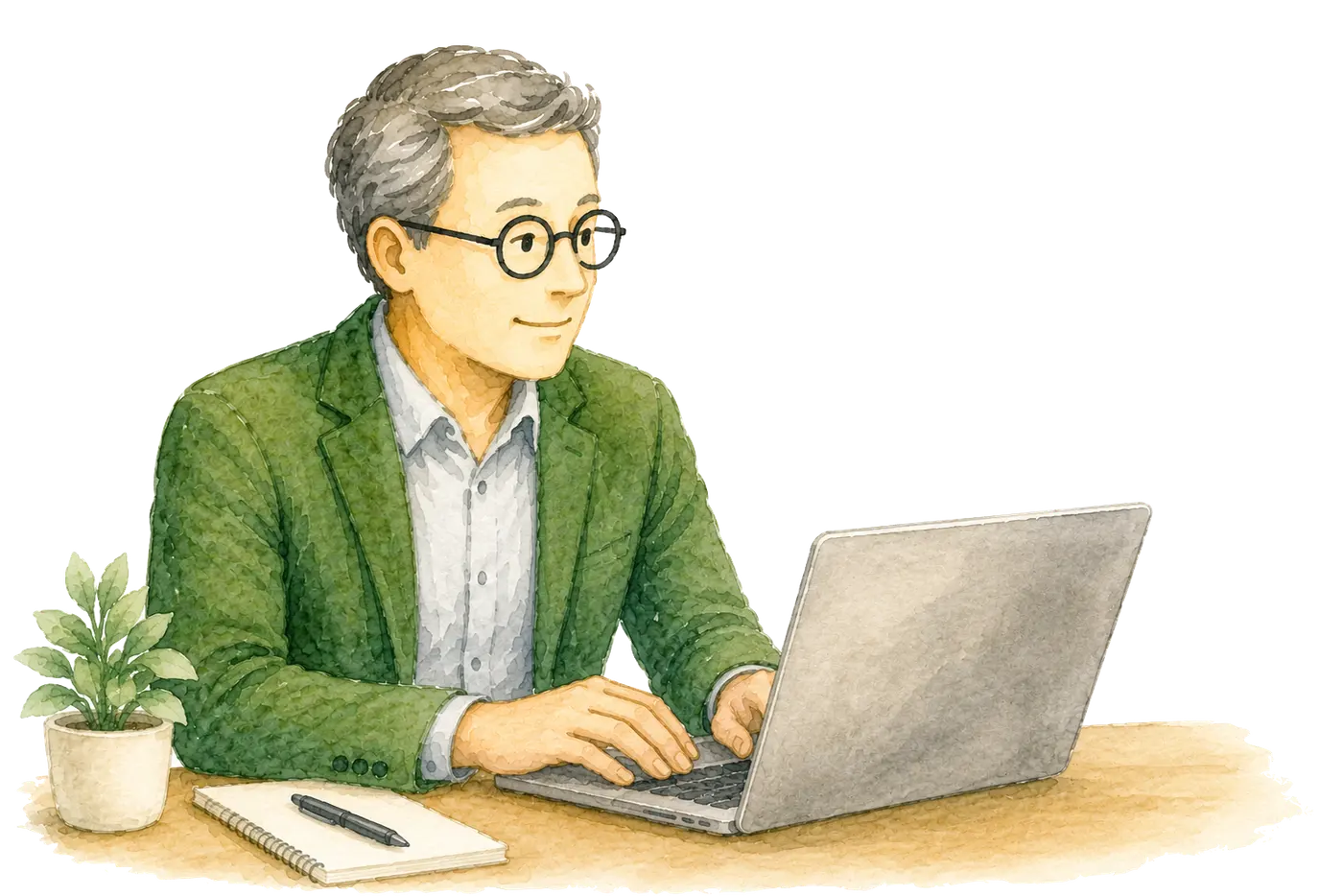 Watercolor illustration of a municipal representative completing an assessment request on a laptop